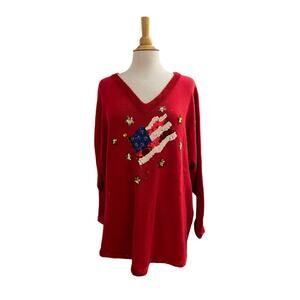 NWT QVC Quacker Factory Amerian Flag Patriotic Pullover Sweater Red Sequins 2X